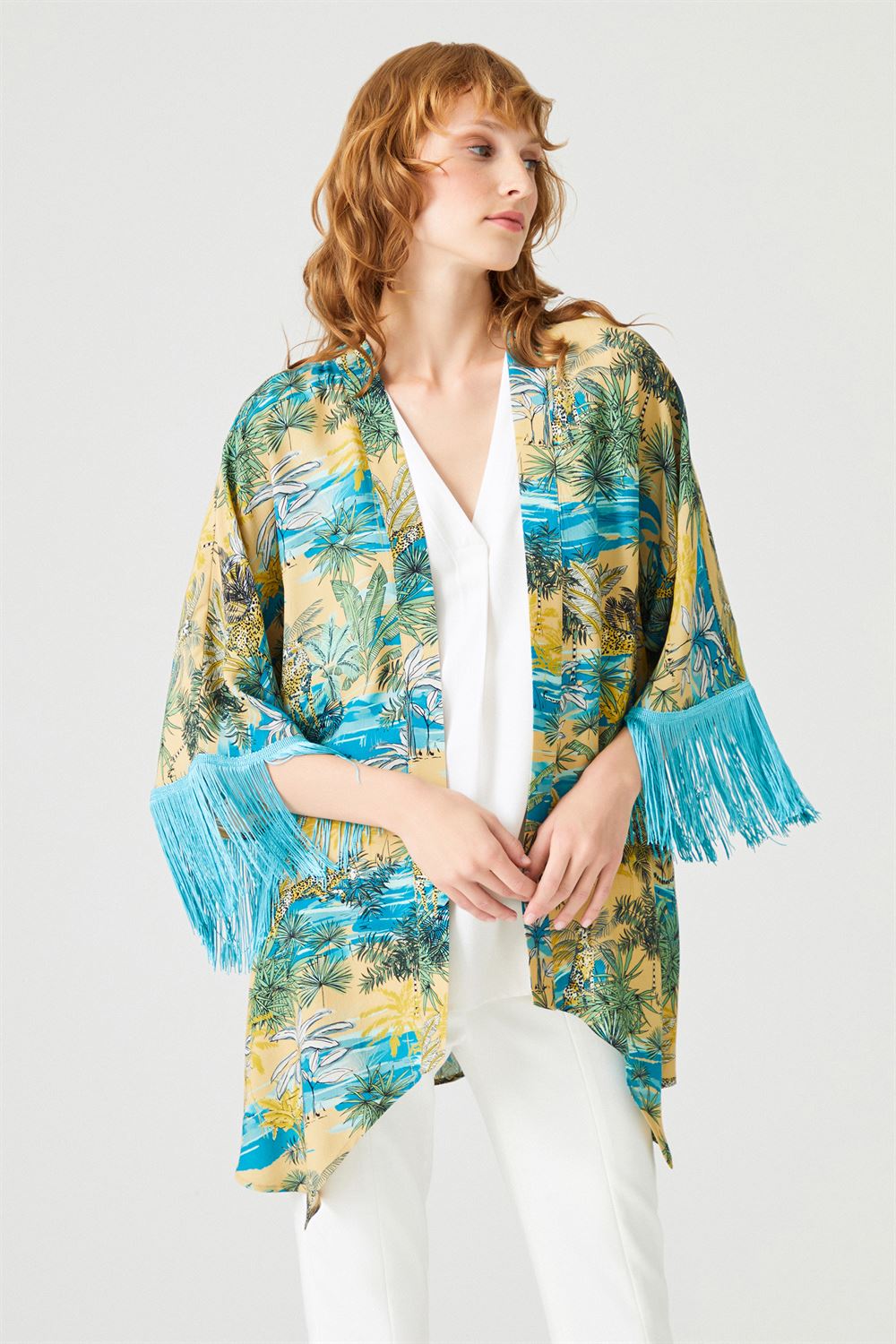 Püskül Detaylı Desenli Kimono