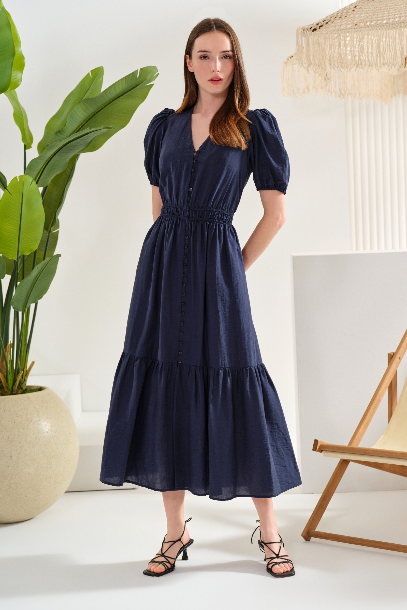 Fırfırlı Düğmeli Midi Boy Elbise Fırfırlı Düğmeli Midi Boy Elbise