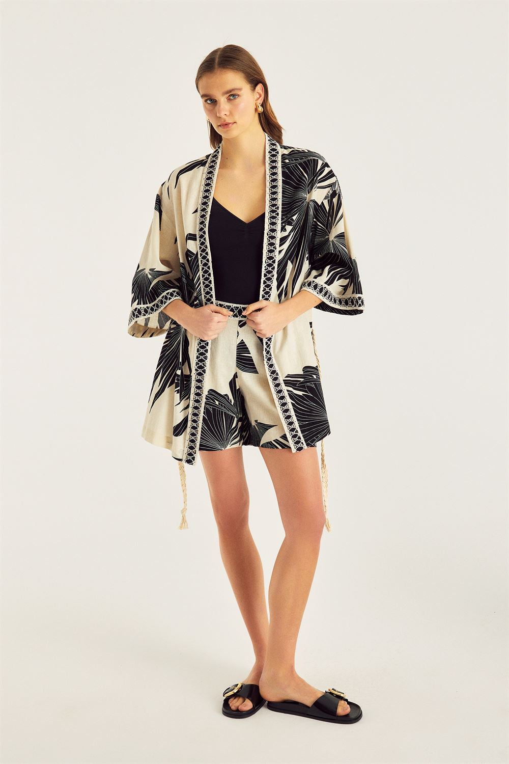 Desenli Keten Kimono
