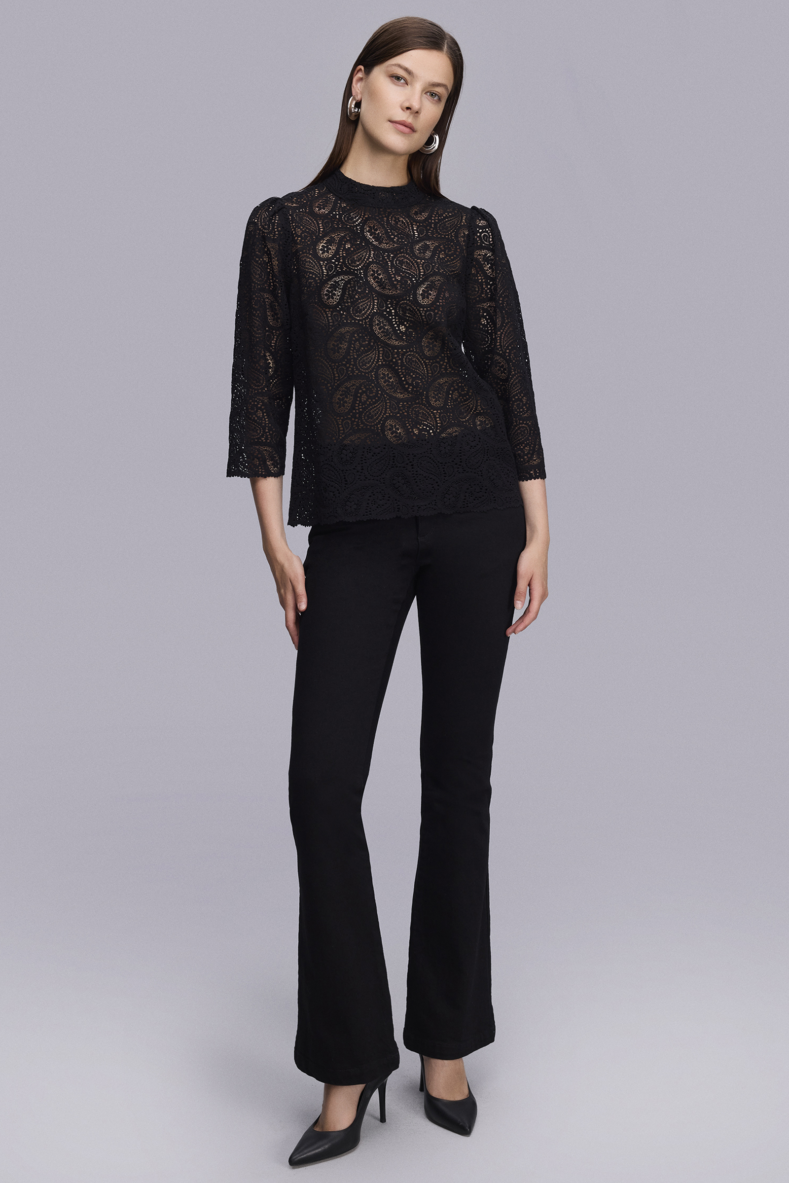 Dik Yaka Truvakar Kol Siyah Dantel Bluz Dik Yaka Truvakar Kol Siyah Dantel Bluz