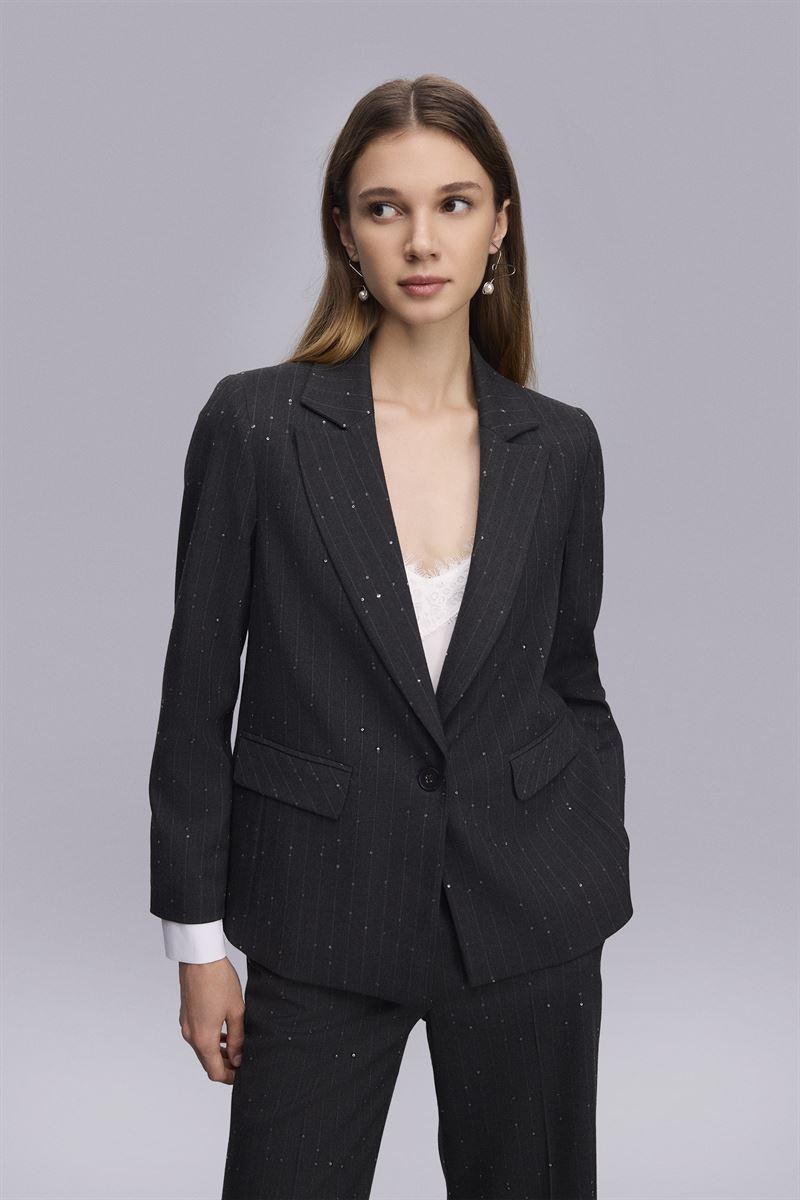 Kolucu Detaylı Klasik Çizgili Parıltılı Ceket