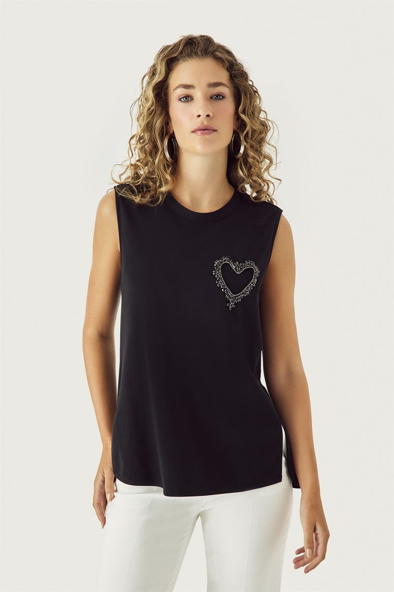 Taşlı Kalp Baskılı Kolsuz Siyah T-Shirt