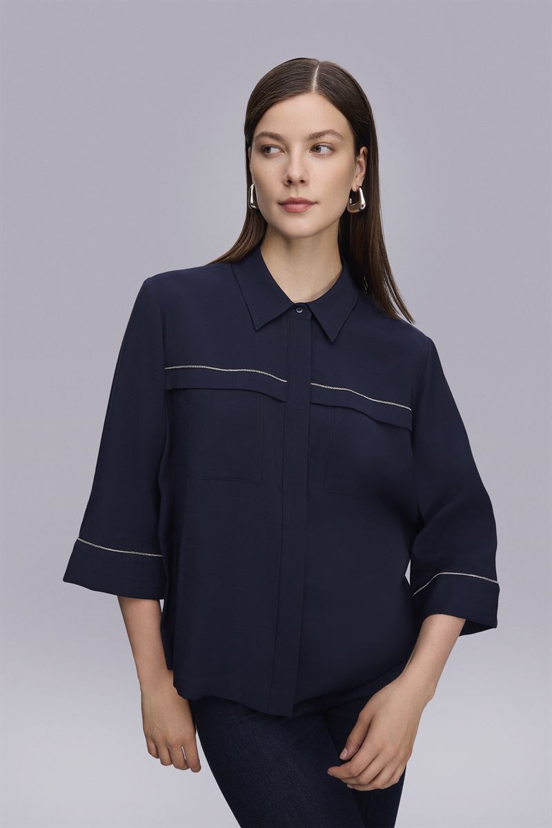 Zincir Detaylı Truvakar Kol Lacivert Bluz