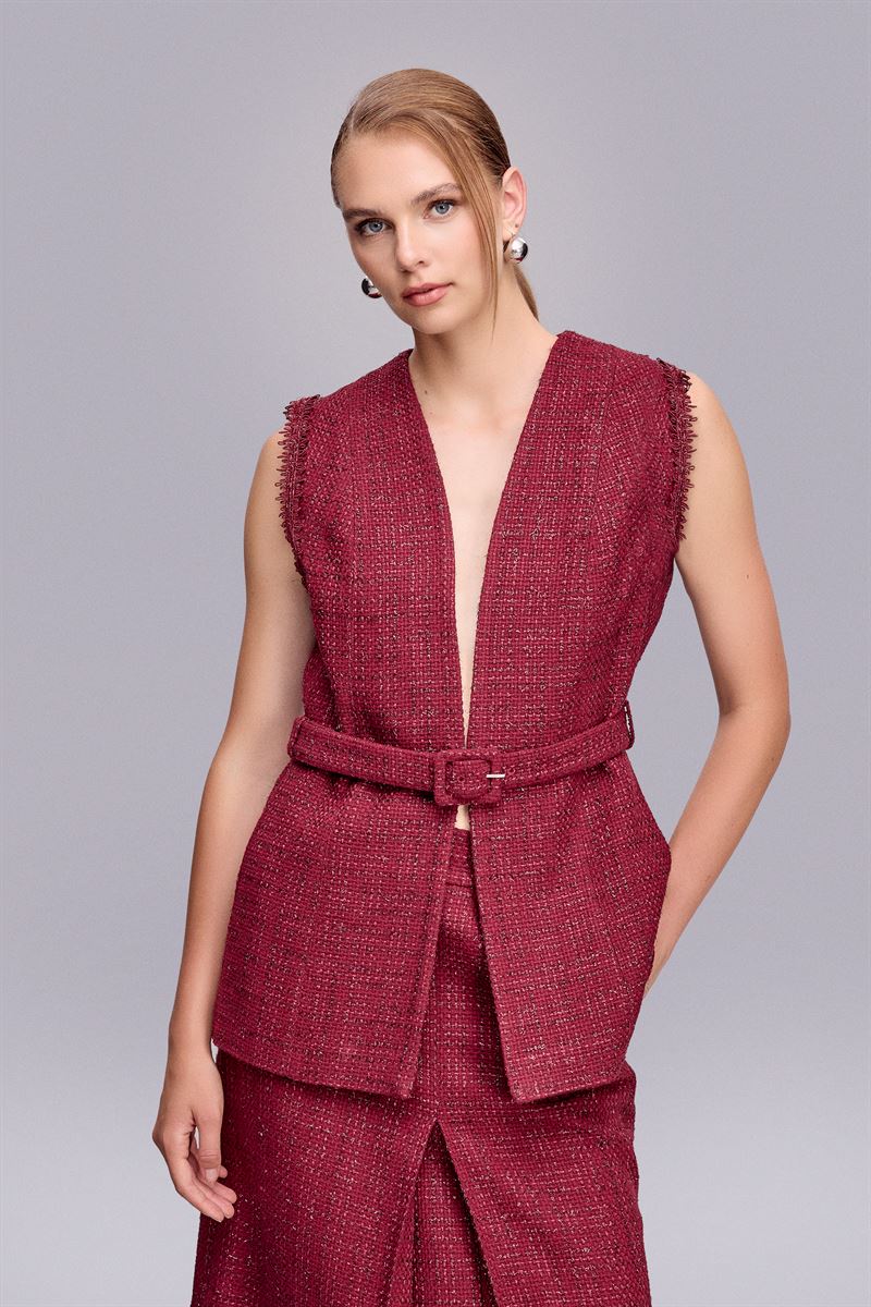 Bordo Tüvit Kemerli Yelek