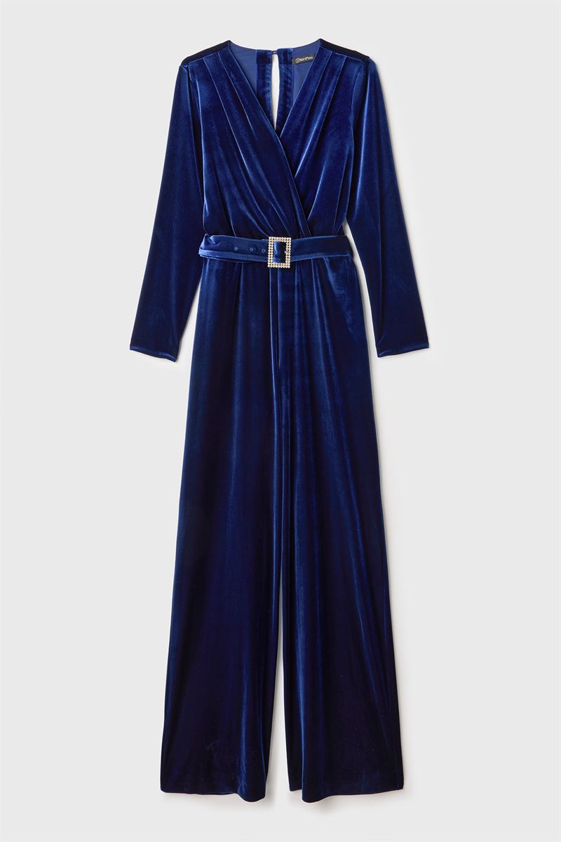 Kemerli Saks Mavisi Kadife Tulum