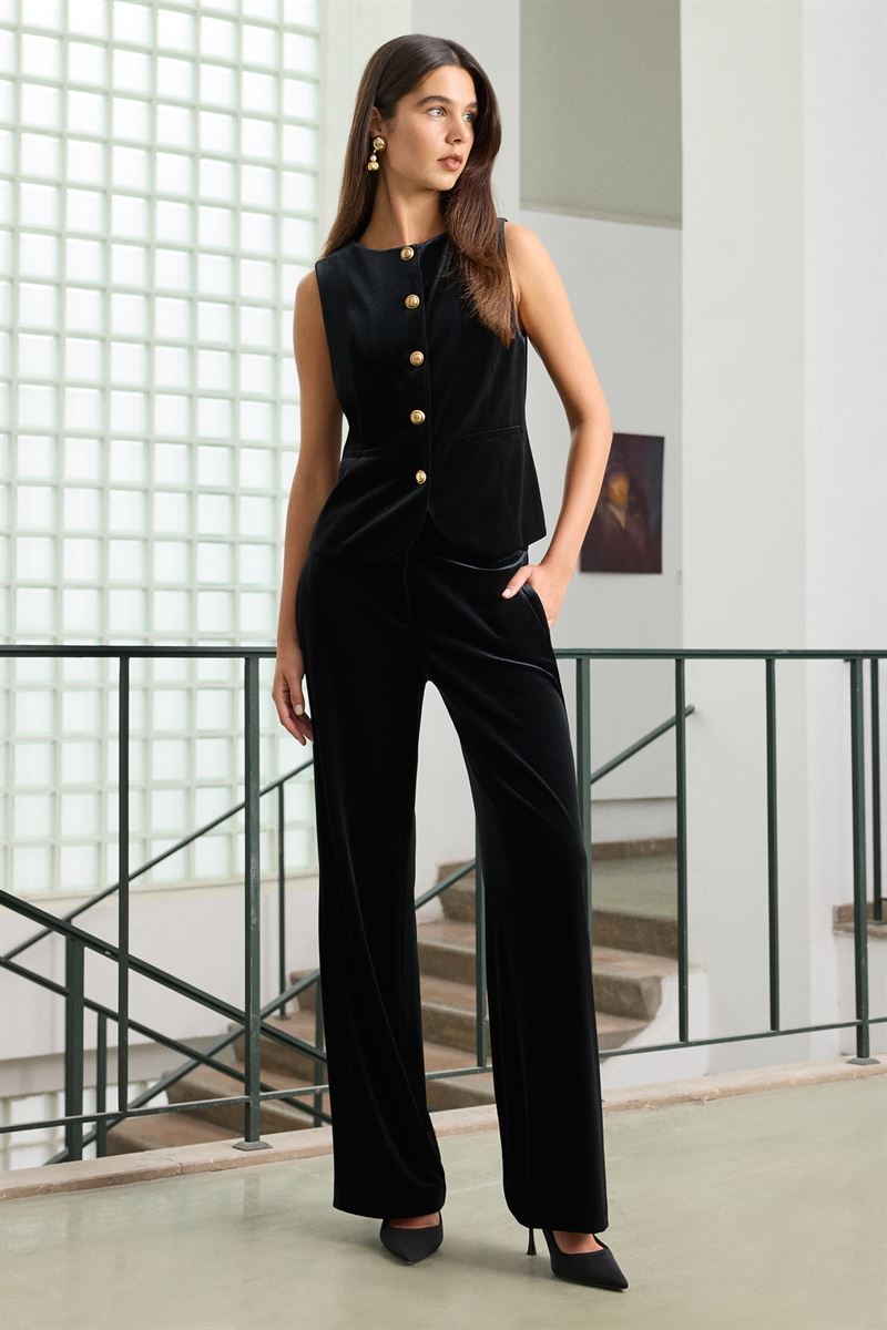 Siyah Bol Paça Kadife Pantolon